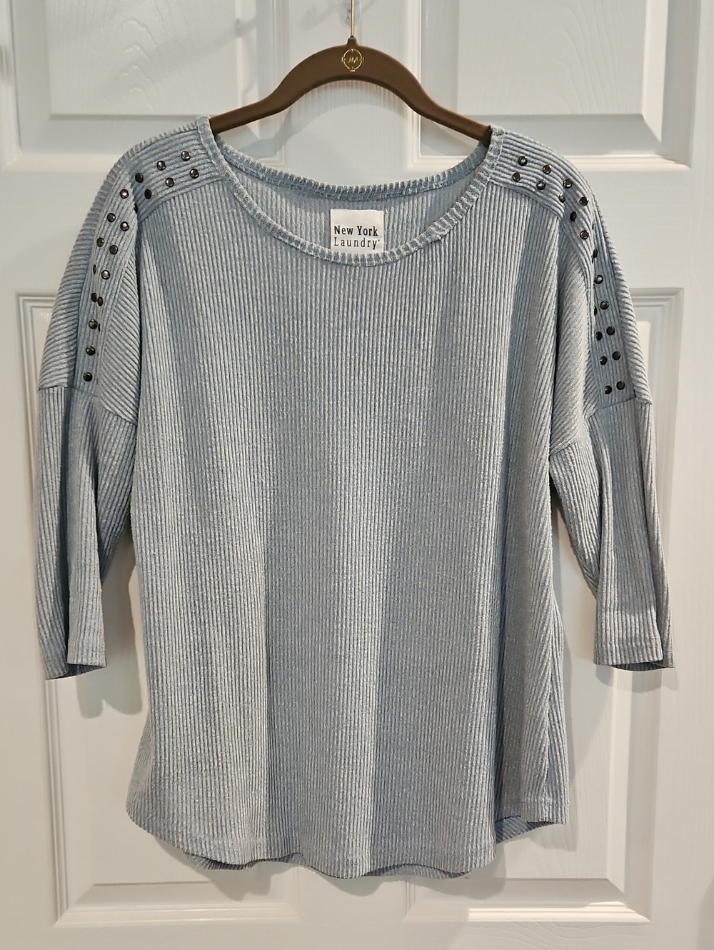 New York Laundry Pale Blue Ribbed Studded Shoulder Top